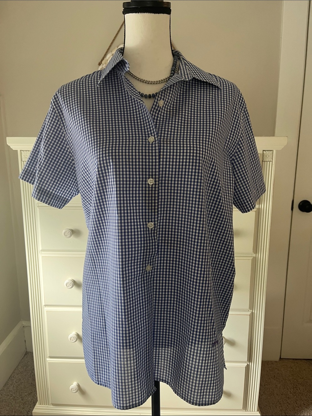 Orvis Woman's Blue & White Gingham Check Short Sleeve Button Up Shirt Sz 12